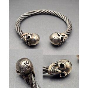 VTG Gaboratory Sterling Silver & Steel Gothic Skull Torque Cuff Bracelet 7.5"